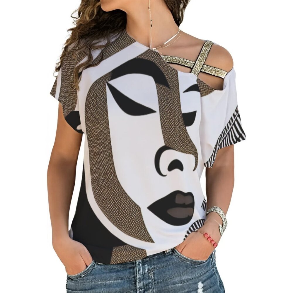 Ladies Unique African American Woman Face Print One Shoulder Strap T-Shirt
